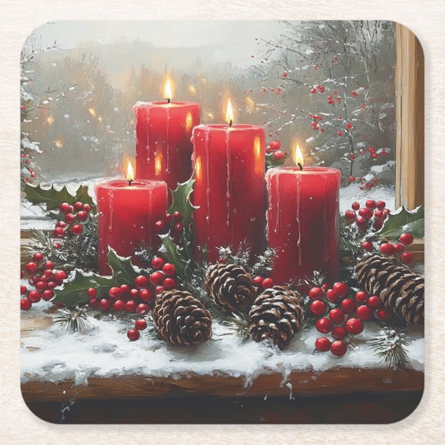 Red Christmas Candles Pine Cones Holly Square Paper Coaster (Front)