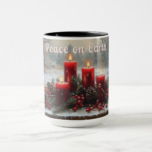 Red Christmas Candles Pine Cones Peace on Earth  Mug