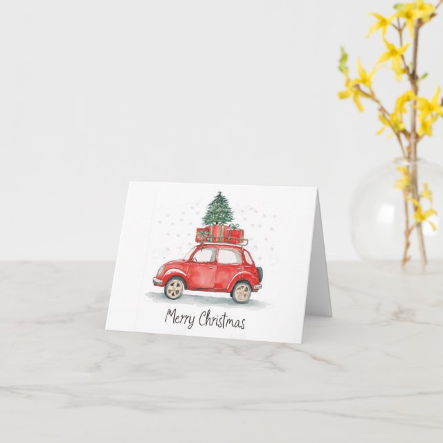  Red Christmas car with presents  ,  tree on top Card (Yellow Flower)