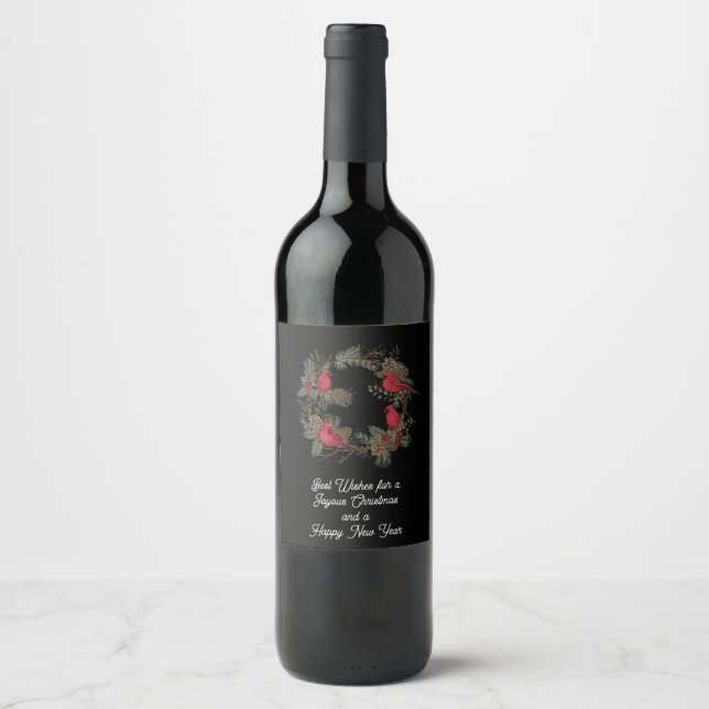 Red Christmas Cardinal and Wreath  Wine Label (Front)