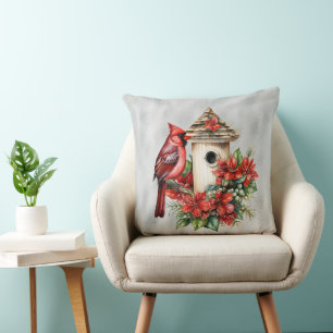 Red Christmas Cardinal At the Bird House  Cushion