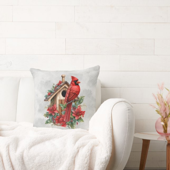 Red Christmas Cardinal AT the Bird House  Cushion (Couch)