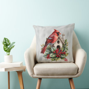 Red Christmas Cardinal At the Bird House  Cushion