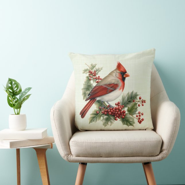 Red Christmas Cardinal Branch of Holly Berries Cushion (Chair)