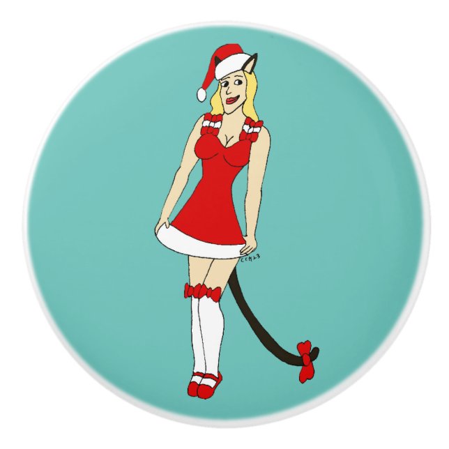 Red Christmas catgirl Ceramic Knob (Front)