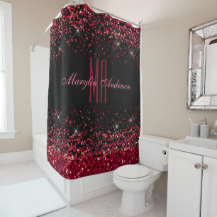 RED CHRISTMAS CHUNKY GLITTER CUSTOM MONOGRAM SHOWER CURTAIN