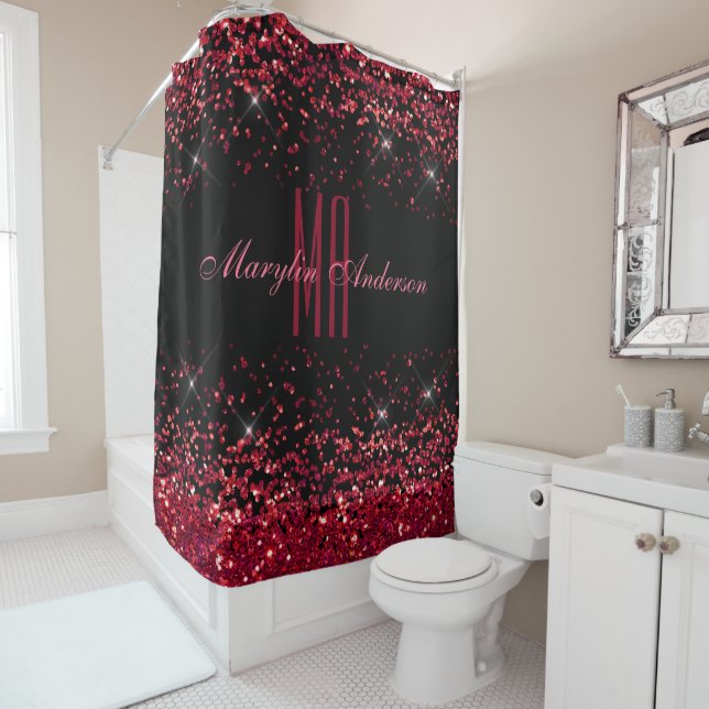RED CHRISTMAS CHUNKY GLITTER CUSTOM MONOGRAM SHOWER CURTAIN (In Situ)