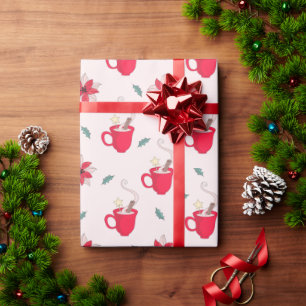 Red Christmas Coffee Cup sprigs of holly Wrapping Paper