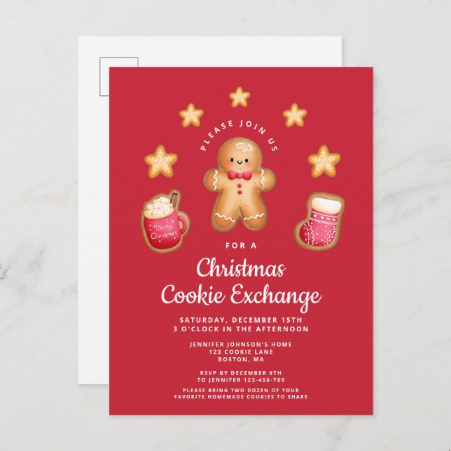 Red Christmas Cookie Exchange Cute Gingerbread Man Invitation Postcard (Front/Back)