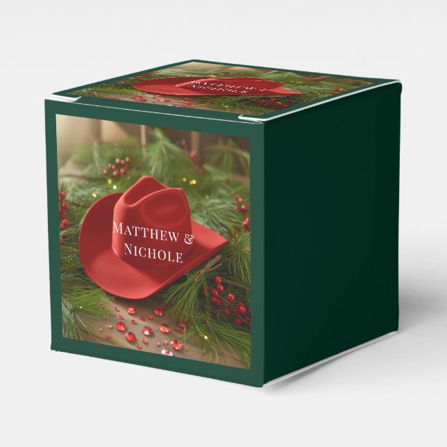 Red Christmas Cowboy Hat Wedding Favour Box (Front Side)