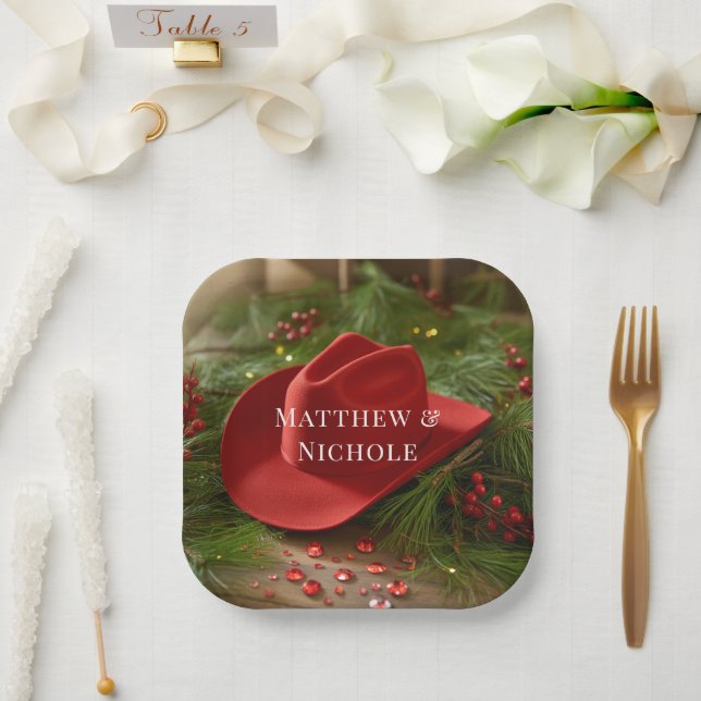 Red Christmas Cowboy Hat Wedding Paper Plate (Wedding)