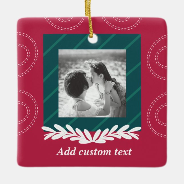 Red christmas customisable photo elegant ceramic ornament (Front)