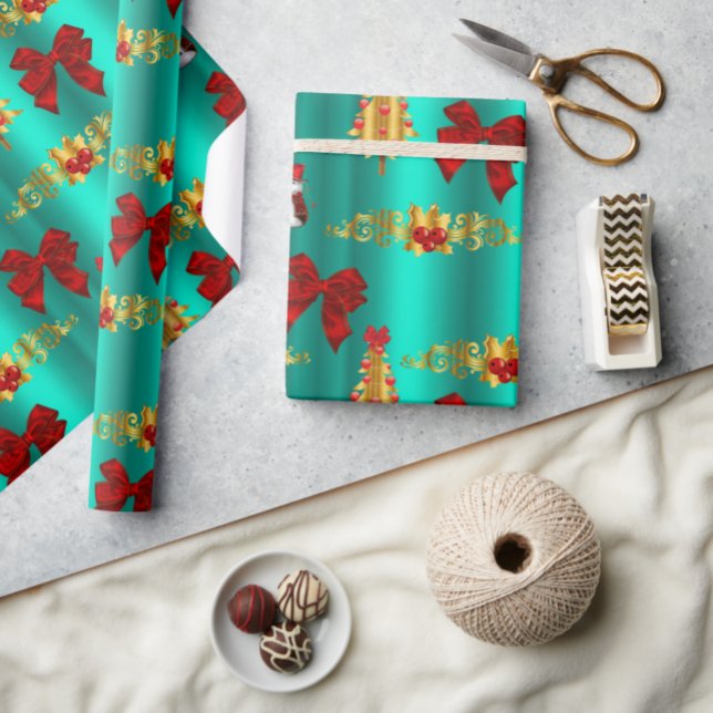 Red Christmas Decorative Aqua Wrapping Paper (Creator Uploaded)