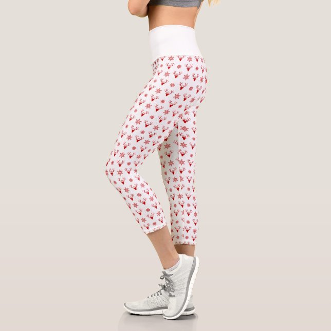 Red Christmas Deer Heads with Snowflakes Pattern Capri Leggings (Left)