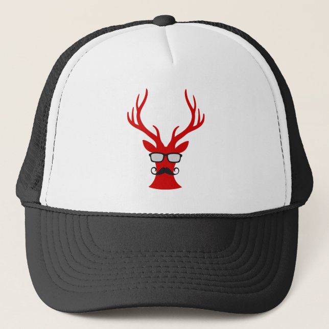 Red Christmas deer with moustache and nerd glasses Trucker Hat (Front)
