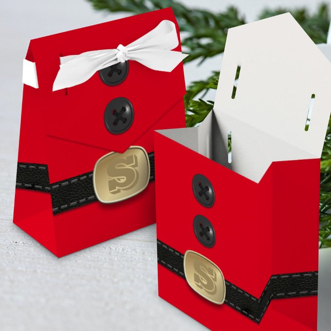 Red Christmas Elf Suit Santa Party Favor Boxes (Fun and festive favor box with space for your initial)