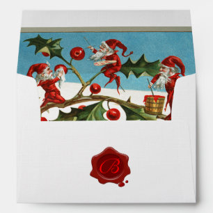 RED CHRISTMAS ELVES,HOLLYBERRIES Wax Seal Monogram Envelope