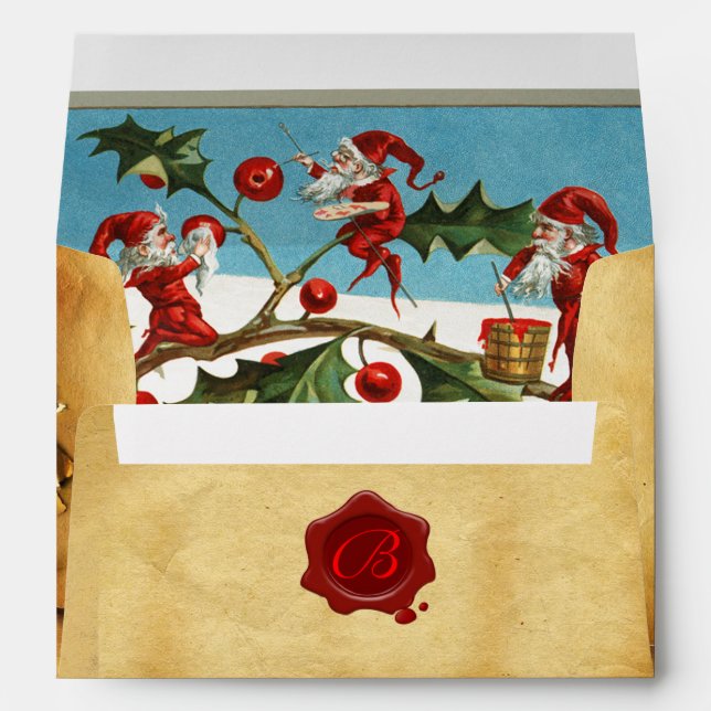 RED CHRISTMAS ELVES,HOLLYBERRIES Wax Seal Monogram Envelopes (Back (Bottom))