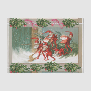 RED CHRISTMAS ELVES SWEEPING IN SNOW Mistletoes Tissue Paper
