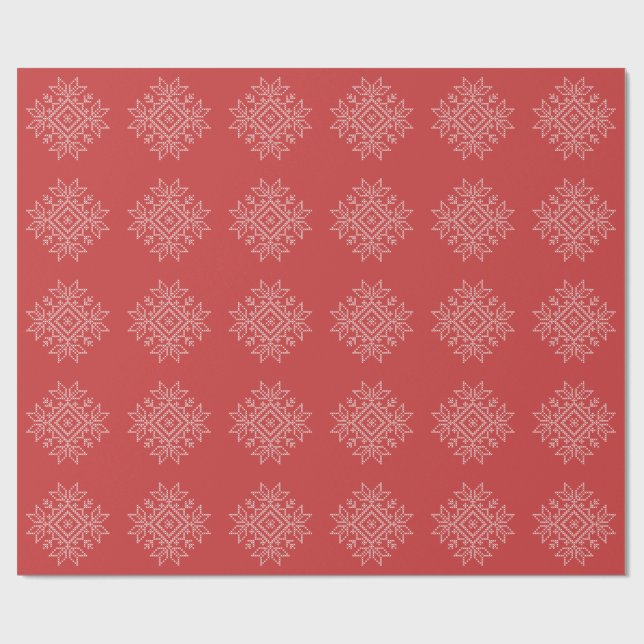 Red christmas embroidery snowflake art seasonal  wrapping paper (Flat)