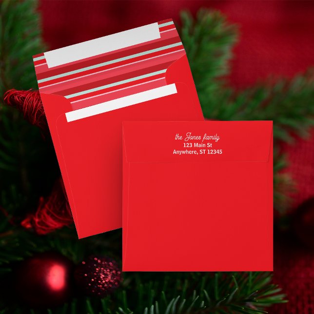 Red Christmas Envelope with Striped Inside (Christmas designed square envelope with return address template)