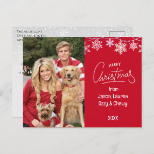 Red Christmas Family Photo Pets Message Holiday Postcard