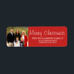 Red Christmas Family  Photo Return Address Labels<br><div class="desc">Holiday red background perfectly frames your favourite family photo. White lettering wishes your friends and family Merry Christmas. Very easy to insert your own photo and customise the text.</div>