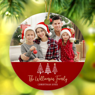 Red Christmas Family Photo Whimsical Trees Script Ceramic Tree Decoration