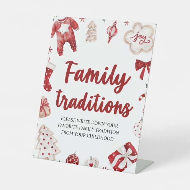 Red Christmas Family Traditions Baby Shower Sign (Front)