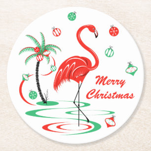 Red Christmas Flamingo Baubles Christmas round Paper Coaster