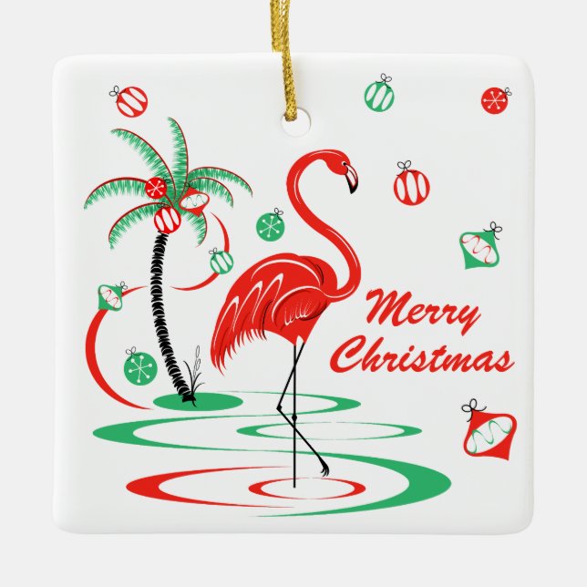 Red Christmas Flamingo Baubles Christmas square Ceramic Ornament (Front)