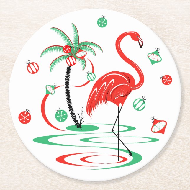 Red Christmas Flamingo Baubles round Paper Coaster (Front)