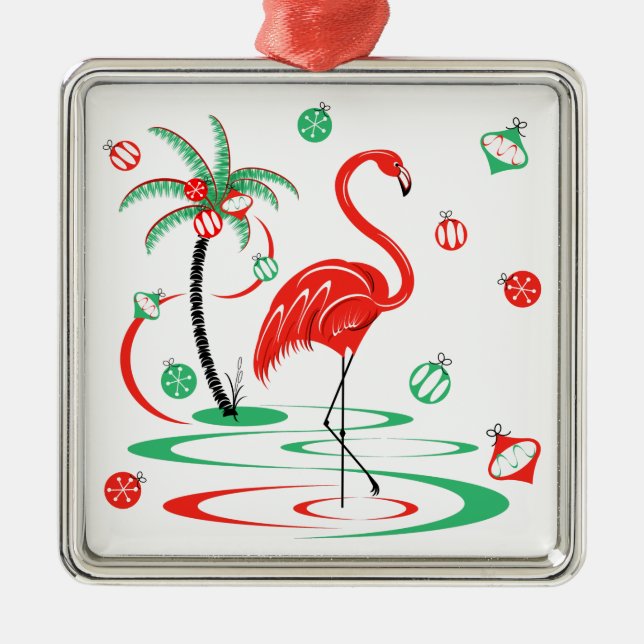 Red Christmas Flamingo Baubles square Metal Tree Decoration (Front)