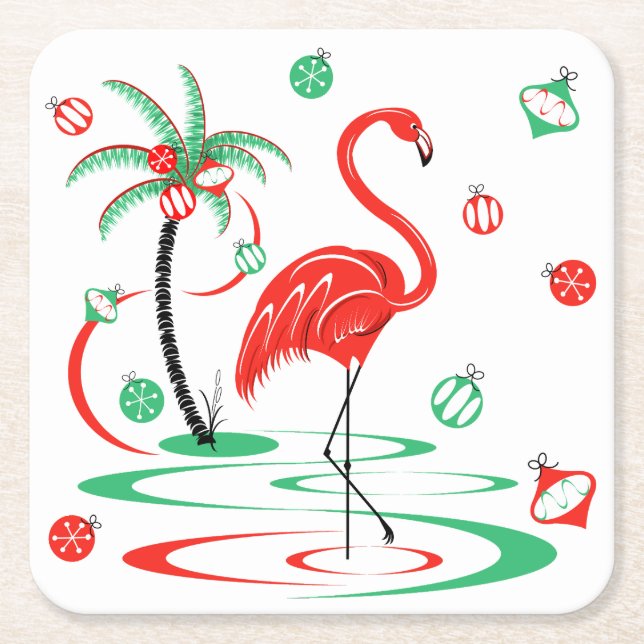 Red Christmas Flamingo Baubles square Paper Coaster (Front)