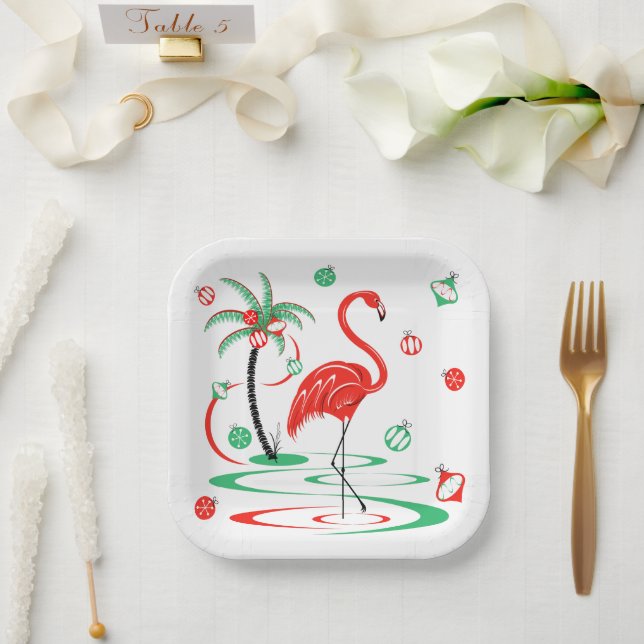 Red Christmas Flamingo Baubles square Paper Plate (Wedding)