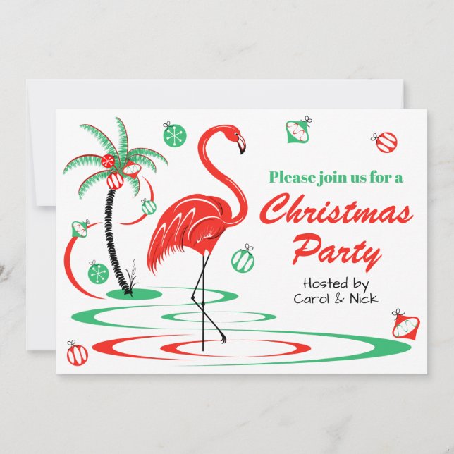 Red Christmas Flamingo Christmas Party landscape Invitation (Front)