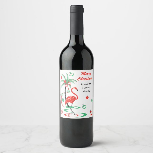 Red Christmas Flamingo Christmas Text wine label (Front)