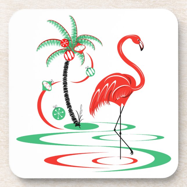 Red Christmas Flamingo coaster plastic (Front)