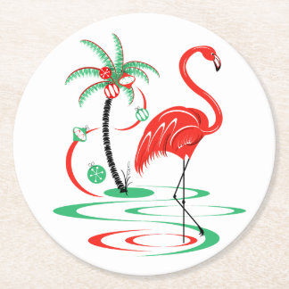 Red Christmas Flamingo coaster round