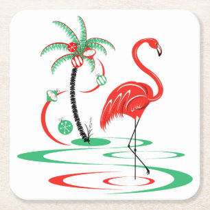 Red Christmas Flamingo coaster square