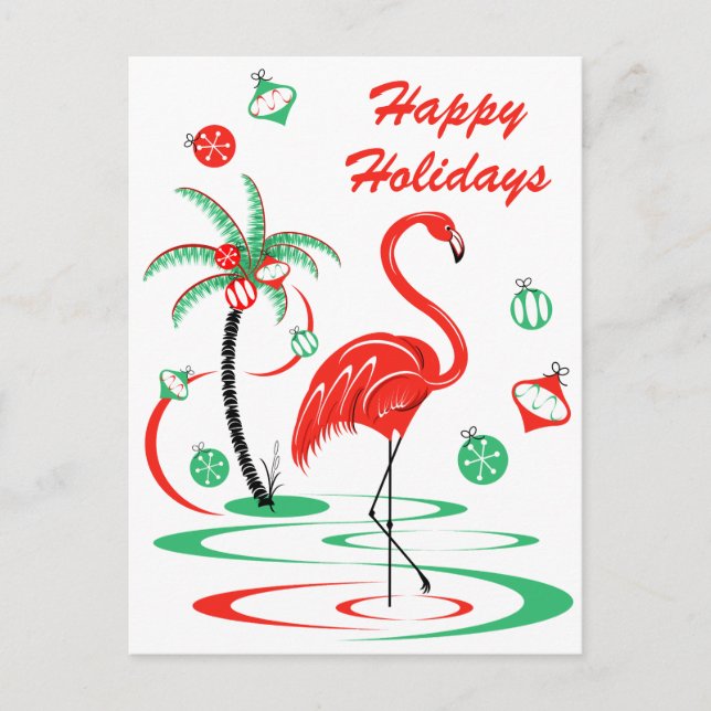 Red Christmas Flamingo Happy Holidays portrait Holiday Postcard (Front)