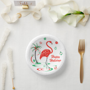 Red Christmas Flamingo Holidays Paper Plate