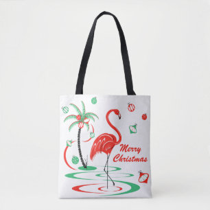 Red Christmas Flamingo Merry Christmas all over Tote Bag