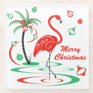 Red Christmas Flamingo Merry Christmas glass Coaster