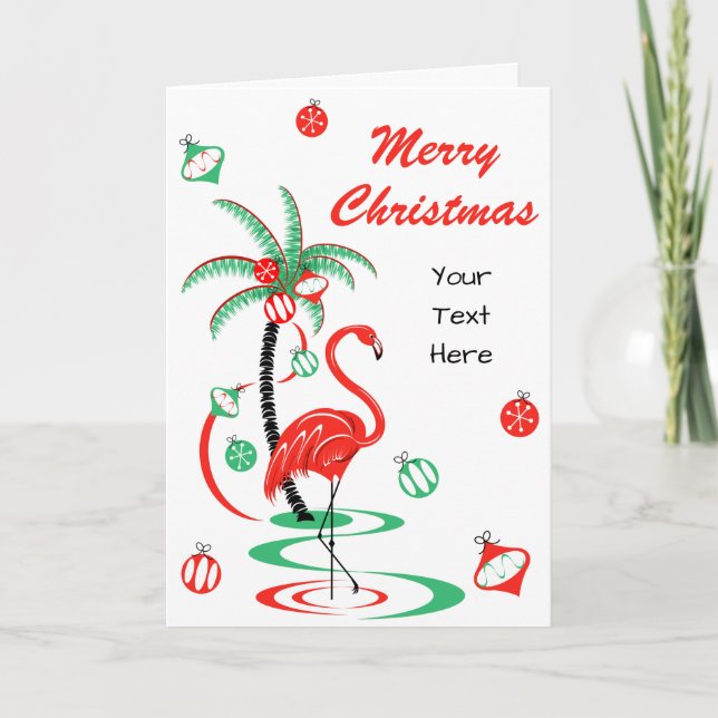 Red Christmas Flamingo Merry Christmas Text front Holiday Card (Front)