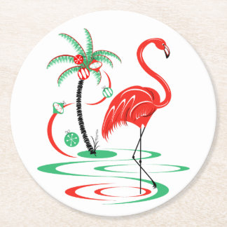 Red Christmas Flamingo round Paper Coaster