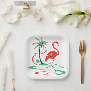 Red Christmas Flamingo square paper plate
