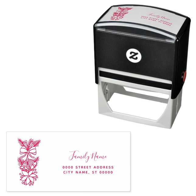 Red Christmas Floral Address Self-inking Stamp (In Situ)