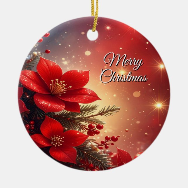 Red Christmas Floral Holiday Ornament (Front)