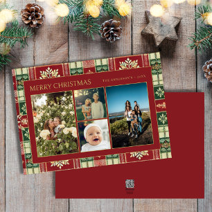 Red Christmas Floral Plaid Family 4 Photo Collage Holiday Card